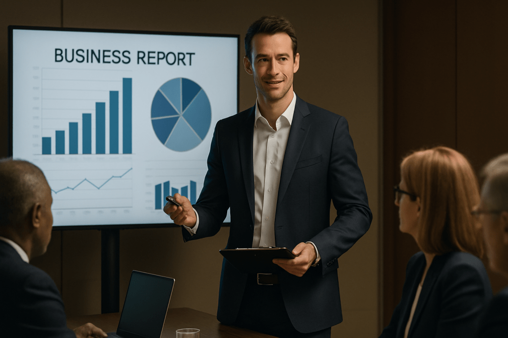 Empreendedor confiante, apresentando com dados e estrutura para executivos.